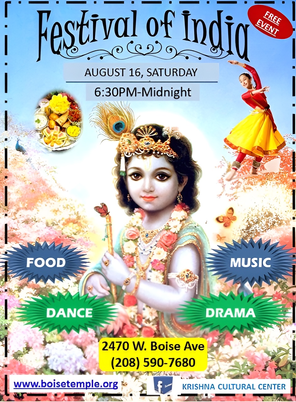 Colorful flyer for the 'Festival of India' celebrating Krishna Janmashtami on Saturday, August 16 from 6:30 PM to midnight. The flyer features a central image of Lord Krishna as a child adorned with jewelry, flowers, and a peacock feather crown. Surrounding elements include Indian food, a classical dancer, and decorative text bubbles highlighting 'Food,' 'Music,' 'Dance,' and 'Drama.' Event details include free entry, the address 2470 W. Boise Ave, contact number (208) 590-7680, and website www.boisetemple.org. Hosted by the Krishna Cultural Center.